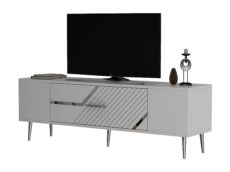TV-Schrank – 150 cm x 48,2 cm x 29,6 cm – Weiß und Silber – Melaminbeschichtete Spanplatte