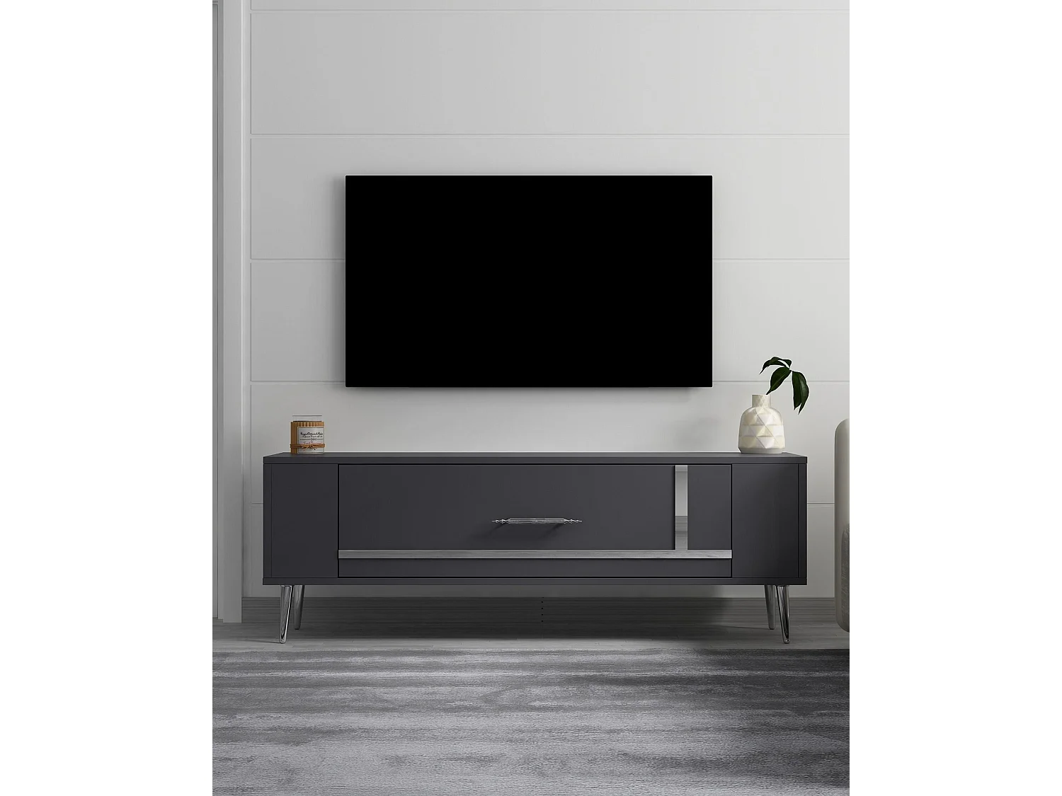 TV-Ständer – 120 cm x 48,2 cm x 26,4 cm – Anthrazit und Silber – Melaminbeschichtete Spanplatte