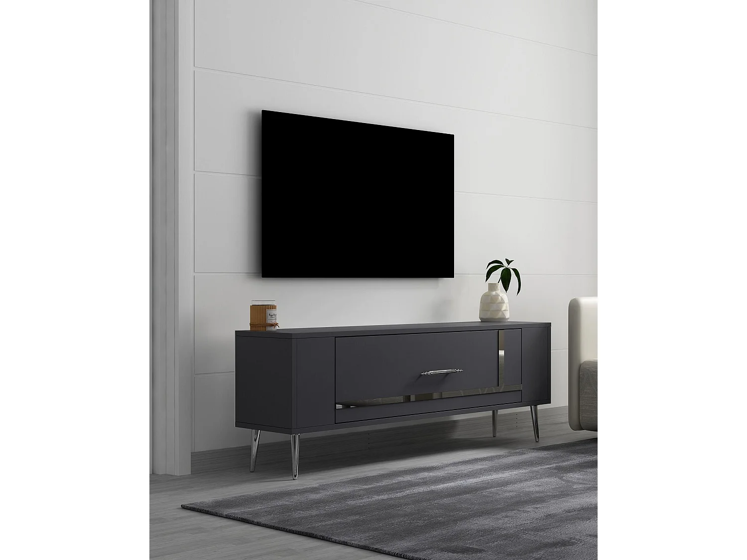 TV-Ständer – 120 cm x 48,2 cm x 26,4 cm – Anthrazit und Silber – Melaminbeschichtete Spanplatte