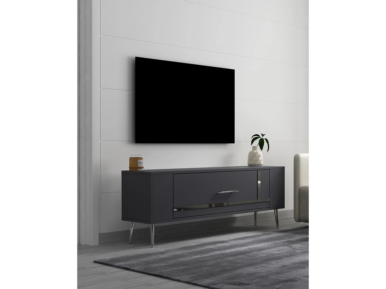 TV-Ständer – 120 cm x 48,2 cm x 26,4 cm – Anthrazit und Silber – Melaminbeschichtete Spanplatte