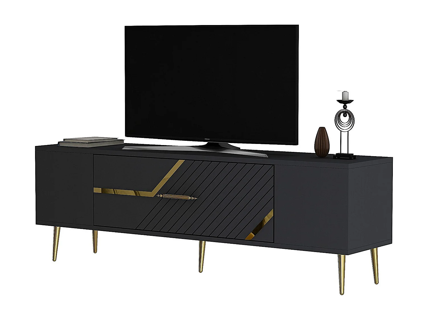 Stojak pod telewizor – 150 cm x 48,2 cm x 29,6 cm – Antracyt i złoto – Płyta wiórowa z powłoką melaminową