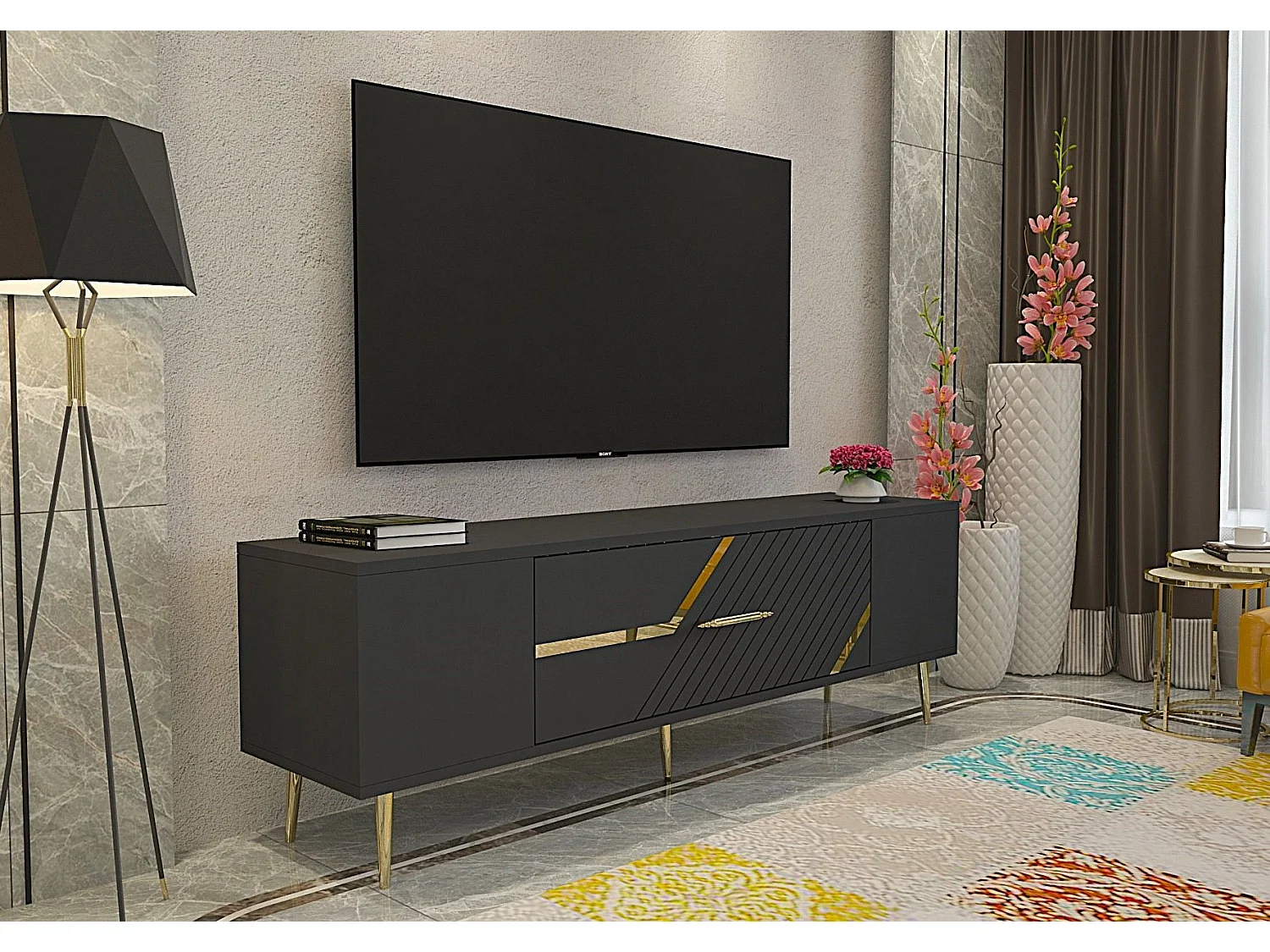 Stojak pod telewizor – 150 cm x 48,2 cm x 29,6 cm – Antracyt i złoto – Płyta wiórowa z powłoką melaminową