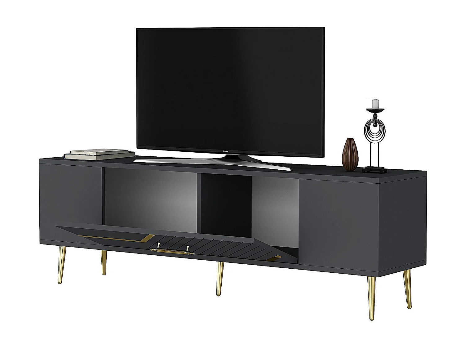 Stojak pod telewizor – 150 cm x 48,2 cm x 29,6 cm – Antracyt i złoto – Płyta wiórowa z powłoką melaminową