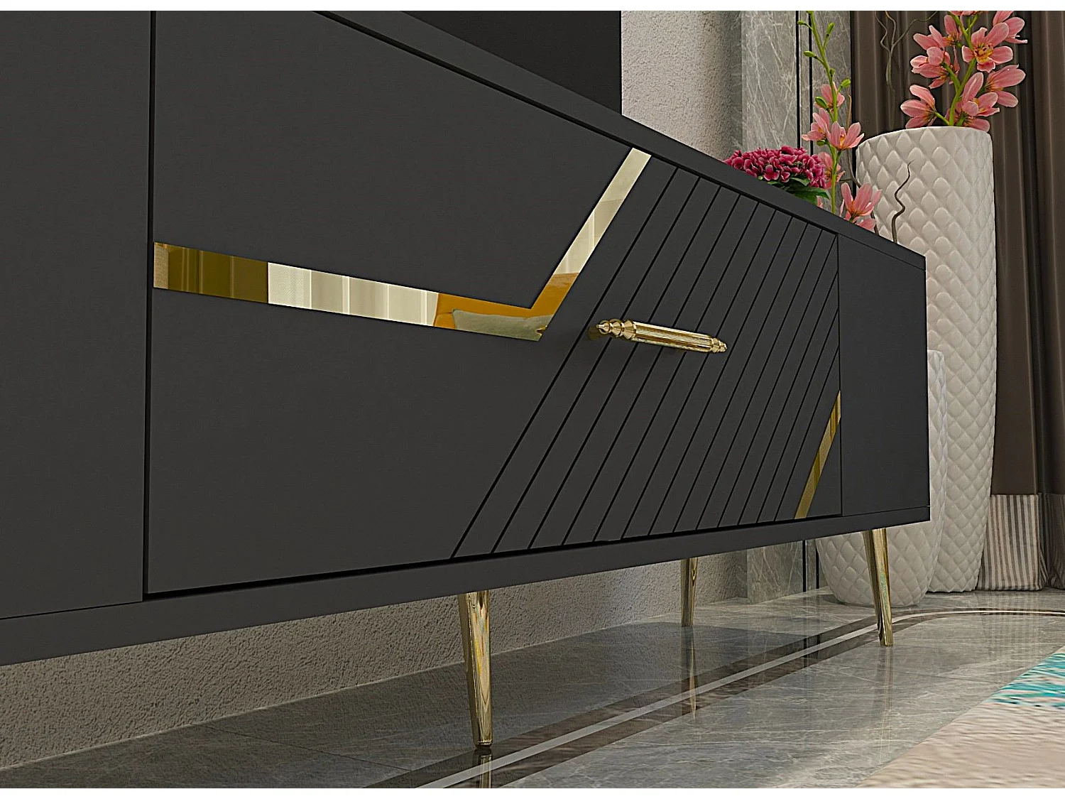 Stojak pod telewizor – 150 cm x 48,2 cm x 29,6 cm – Antracyt i złoto – Płyta wiórowa z powłoką melaminową