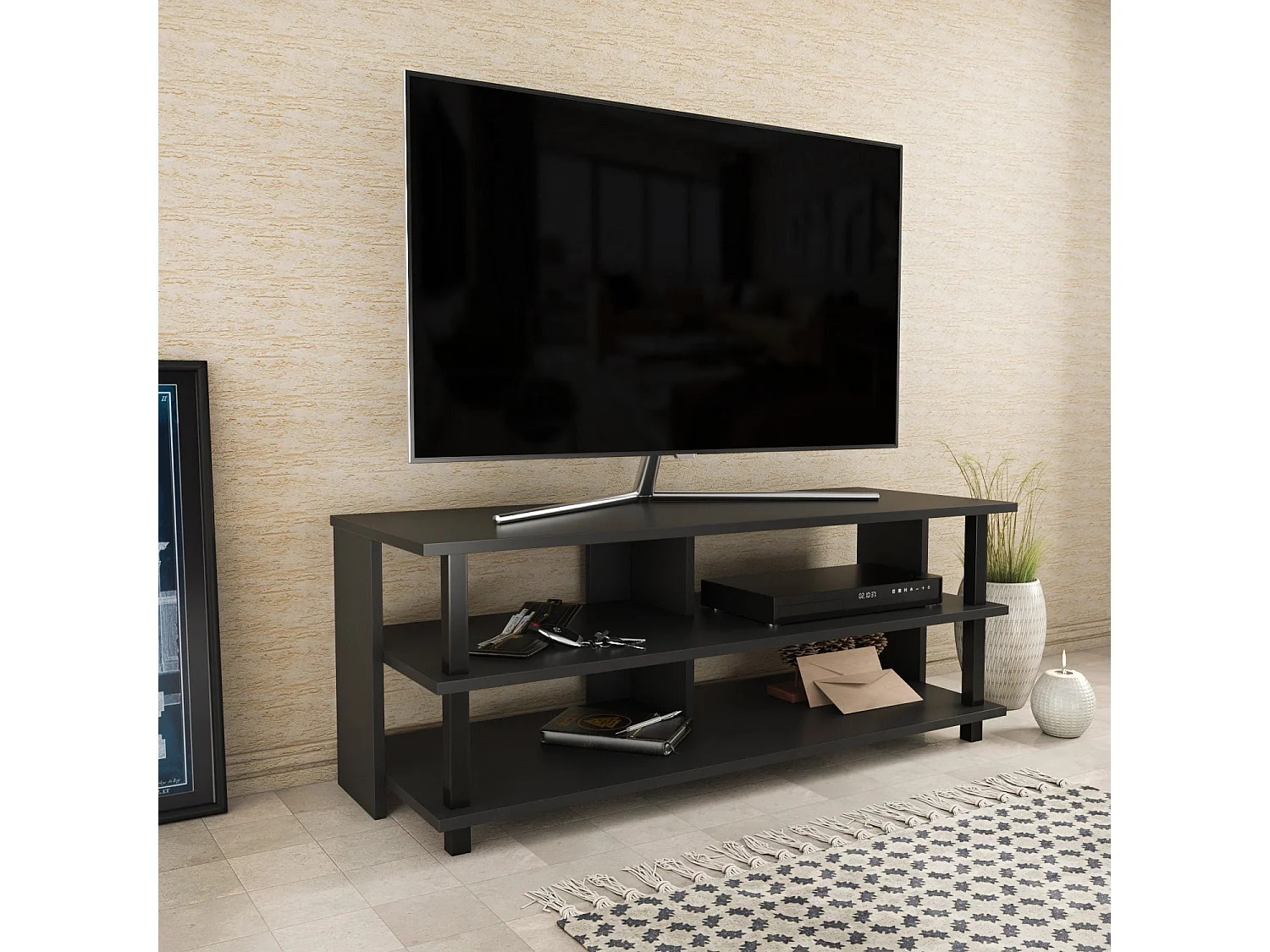 Industriële tv-standaard, zwart en antraciet, 120 x 44,6 x 47,4 cm | 100% melamine gecoate spaanplaat, 18 mm dik | Stijlvol en duurzaam voor moderne woonkamers