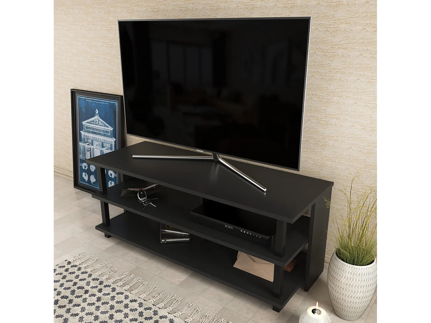 Industriële tv-standaard, zwart en antraciet, 120 x 44,6 x 47,4 cm | 100% melamine gecoate spaanplaat, 18 mm dik | Stijlvol en duurzaam voor moderne woonkamers