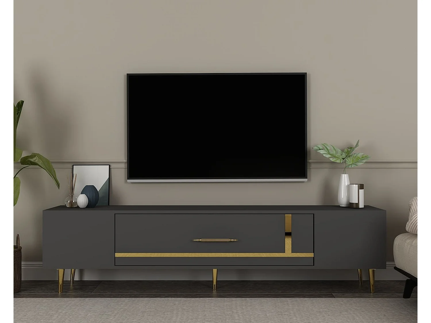 TV-Ständer – 150 cm x 48,2 cm x 29,6 cm – Anthrazit und Gold – Spanplatte