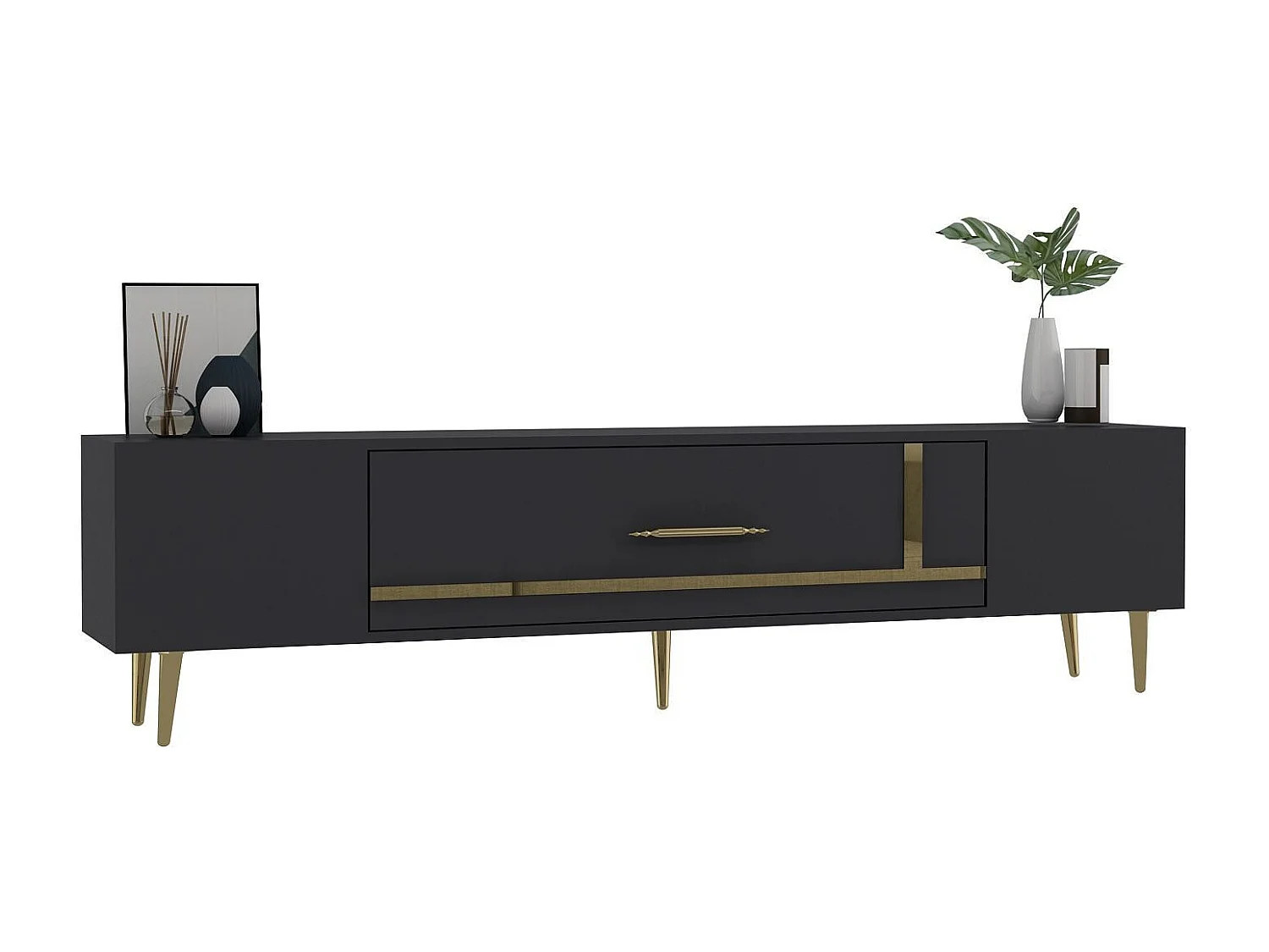 TV-Ständer – 150 cm x 48,2 cm x 29,6 cm – Anthrazit und Gold – Spanplatte