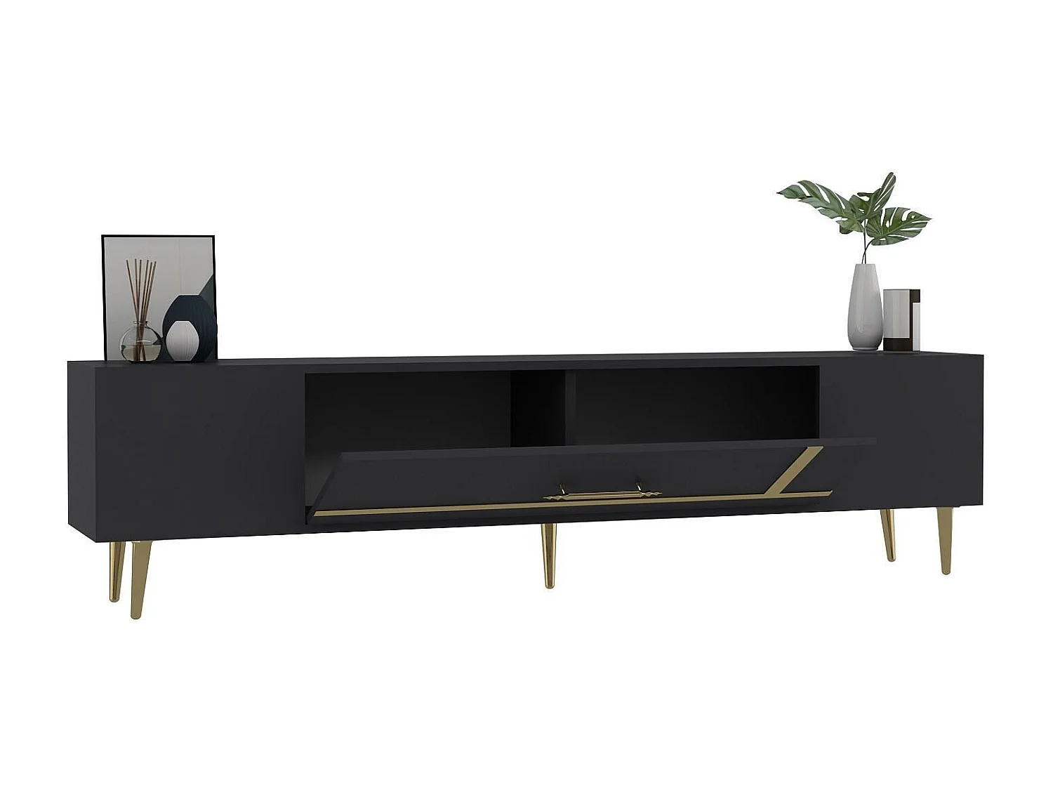 TV-Ständer – 150 cm x 48,2 cm x 29,6 cm – Anthrazit und Gold – Spanplatte