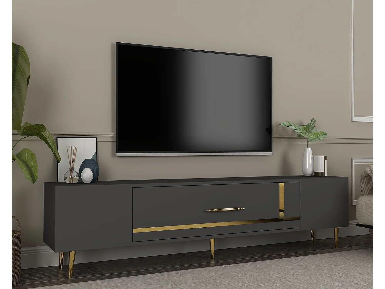 TV-Ständer – 150 cm x 48,2 cm x 29,6 cm – Anthrazit und Gold – Spanplatte