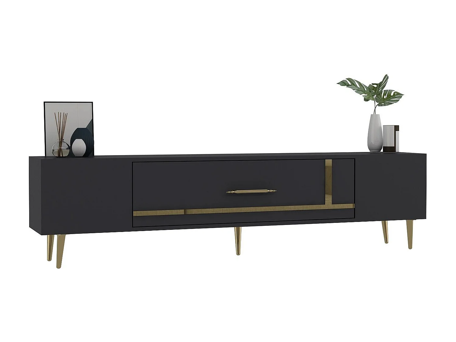 TV-Ständer – 150 cm x 48,2 cm x 29,6 cm – Anthrazit und Gold – Spanplatte