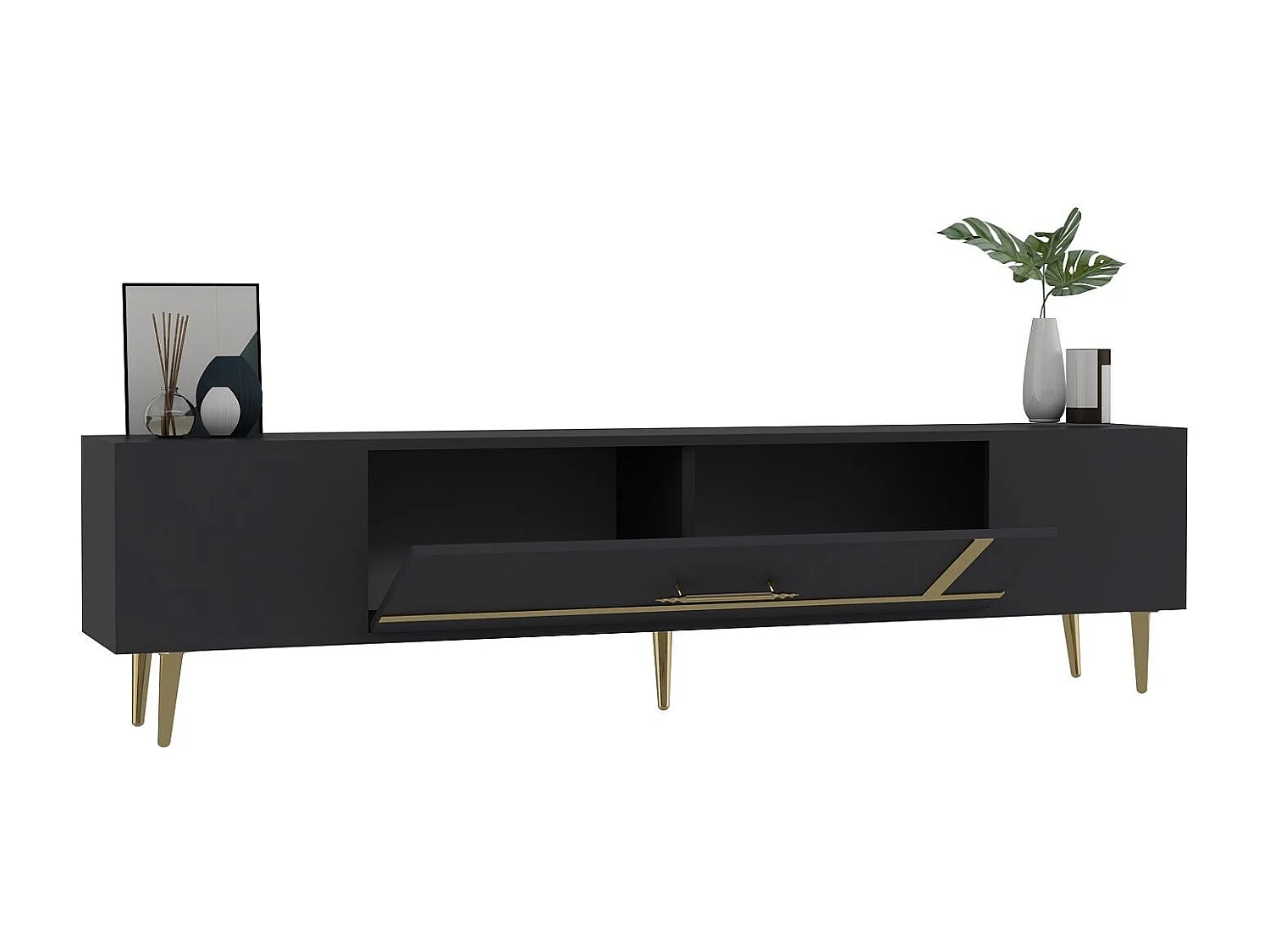 TV-Ständer – 150 cm x 48,2 cm x 29,6 cm – Anthrazit und Gold – Spanplatte