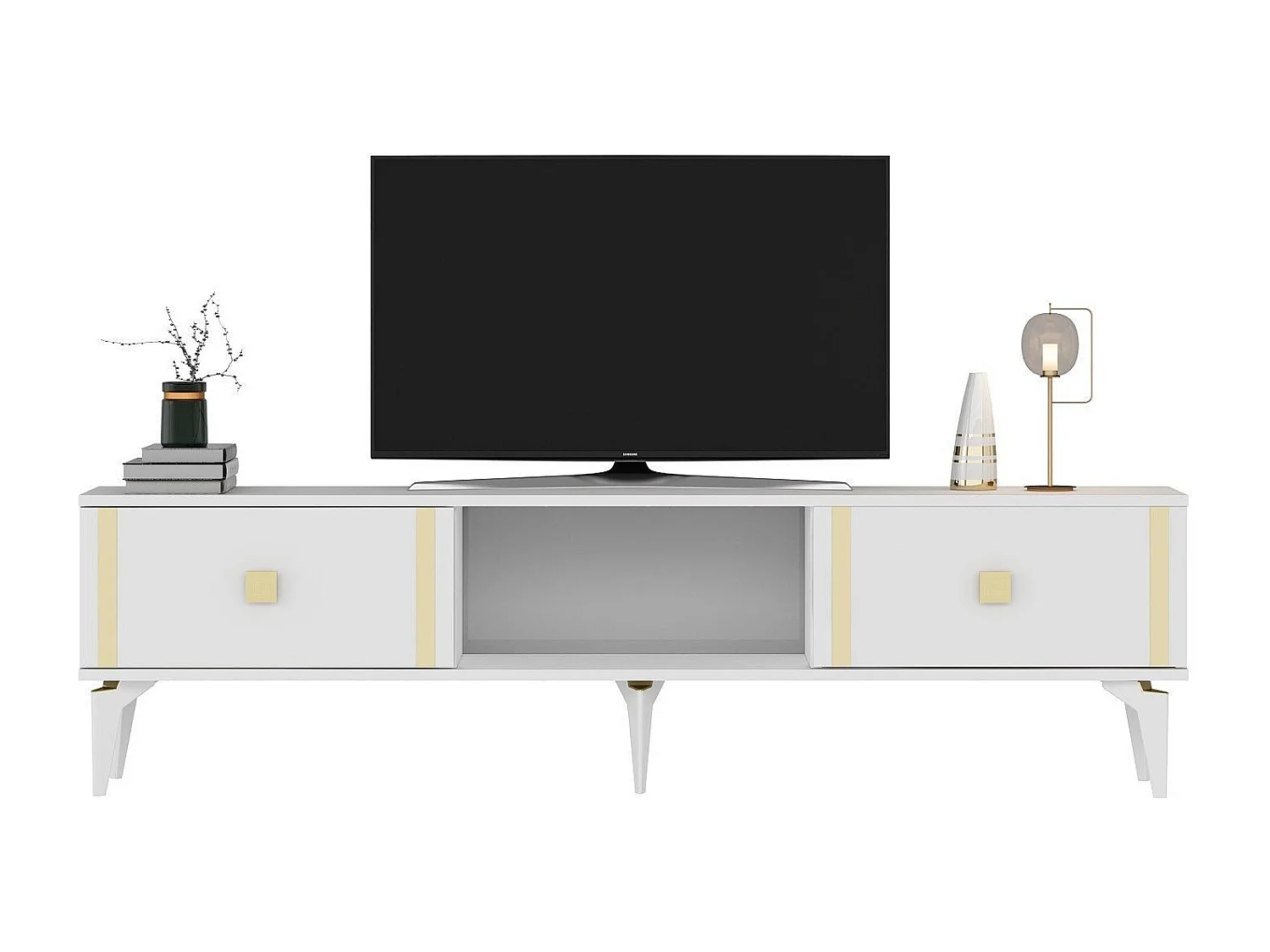 TV-standaard – 150 cm x 44,6 cm x 29,6 cm – Wit en goud – Melamine gecoate spaanplaat