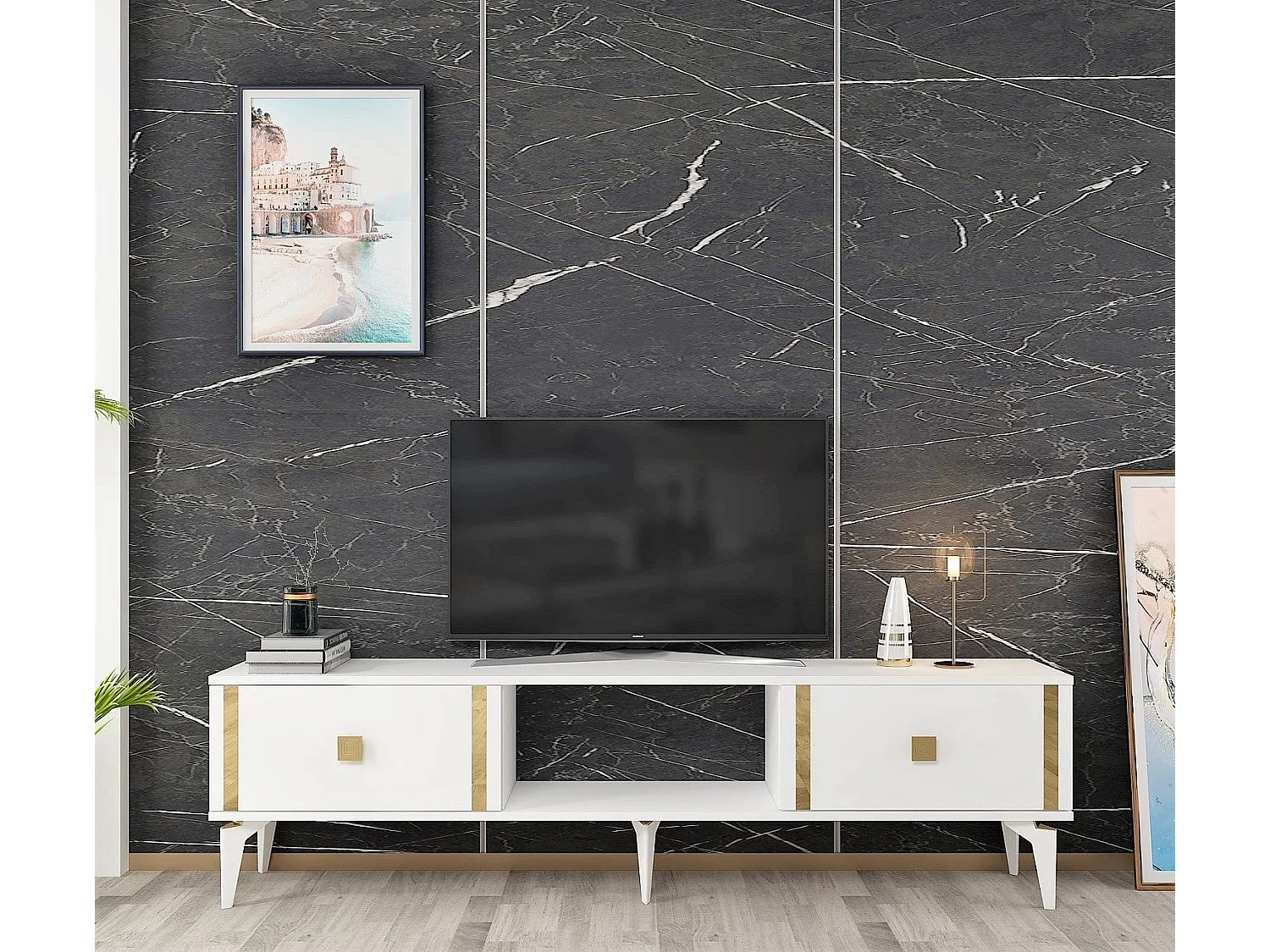 TV-standaard – 150 cm x 44,6 cm x 29,6 cm – Wit en goud – Melamine gecoate spaanplaat