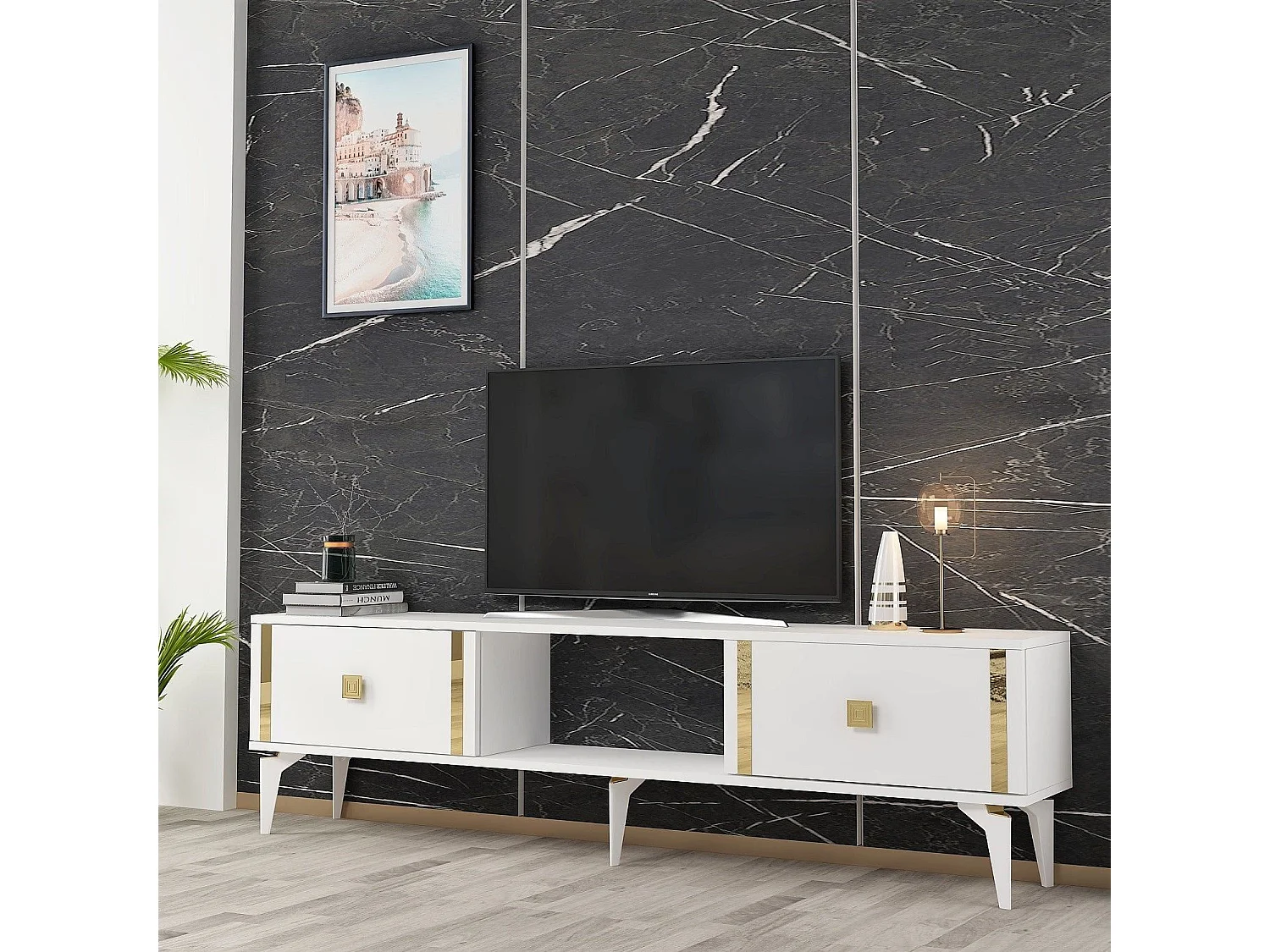 TV-standaard – 150 cm x 44,6 cm x 29,6 cm – Wit en goud – Melamine gecoate spaanplaat
