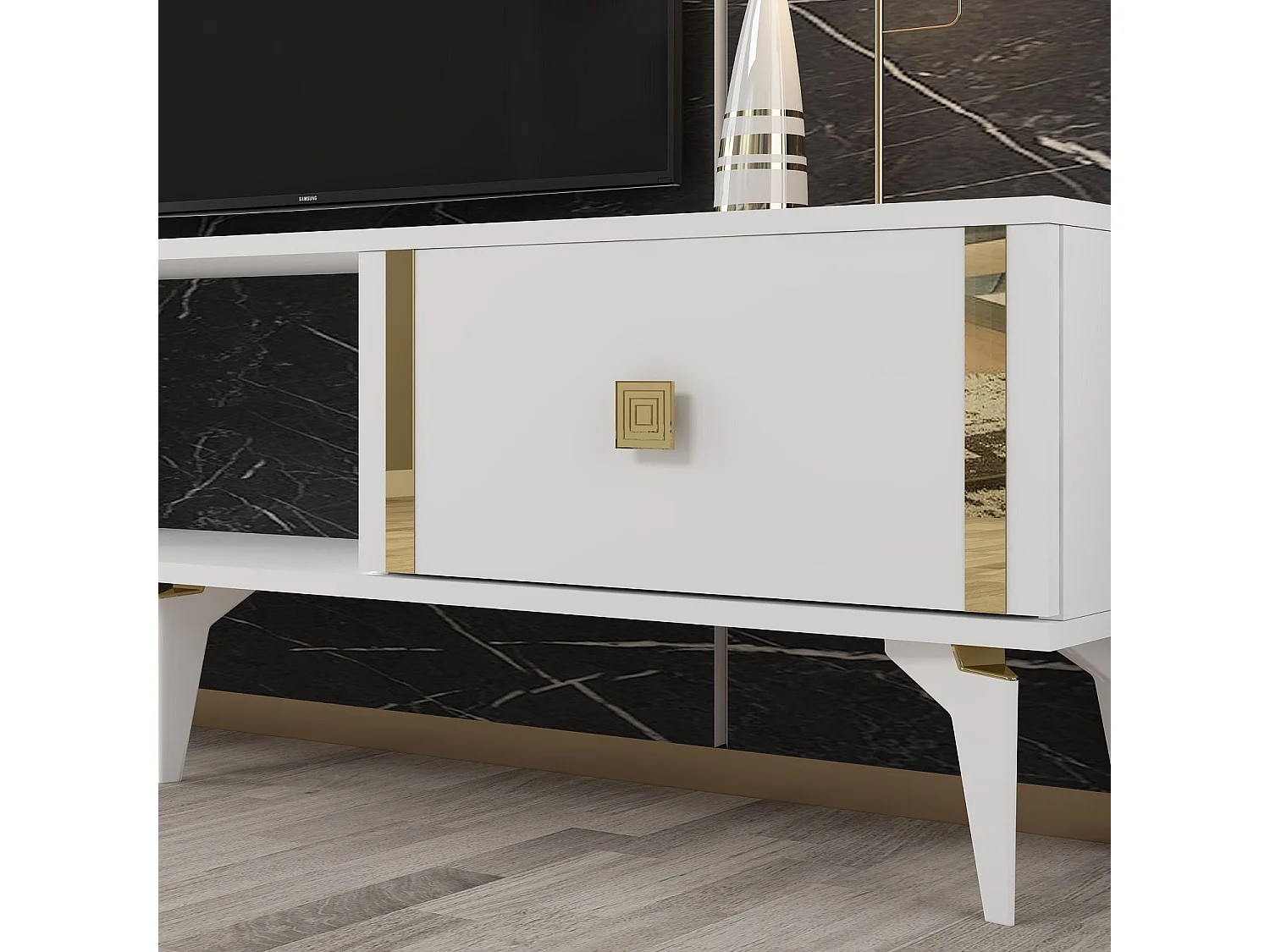 TV-standaard – 150 cm x 44,6 cm x 29,6 cm – Wit en goud – Melamine gecoate spaanplaat
