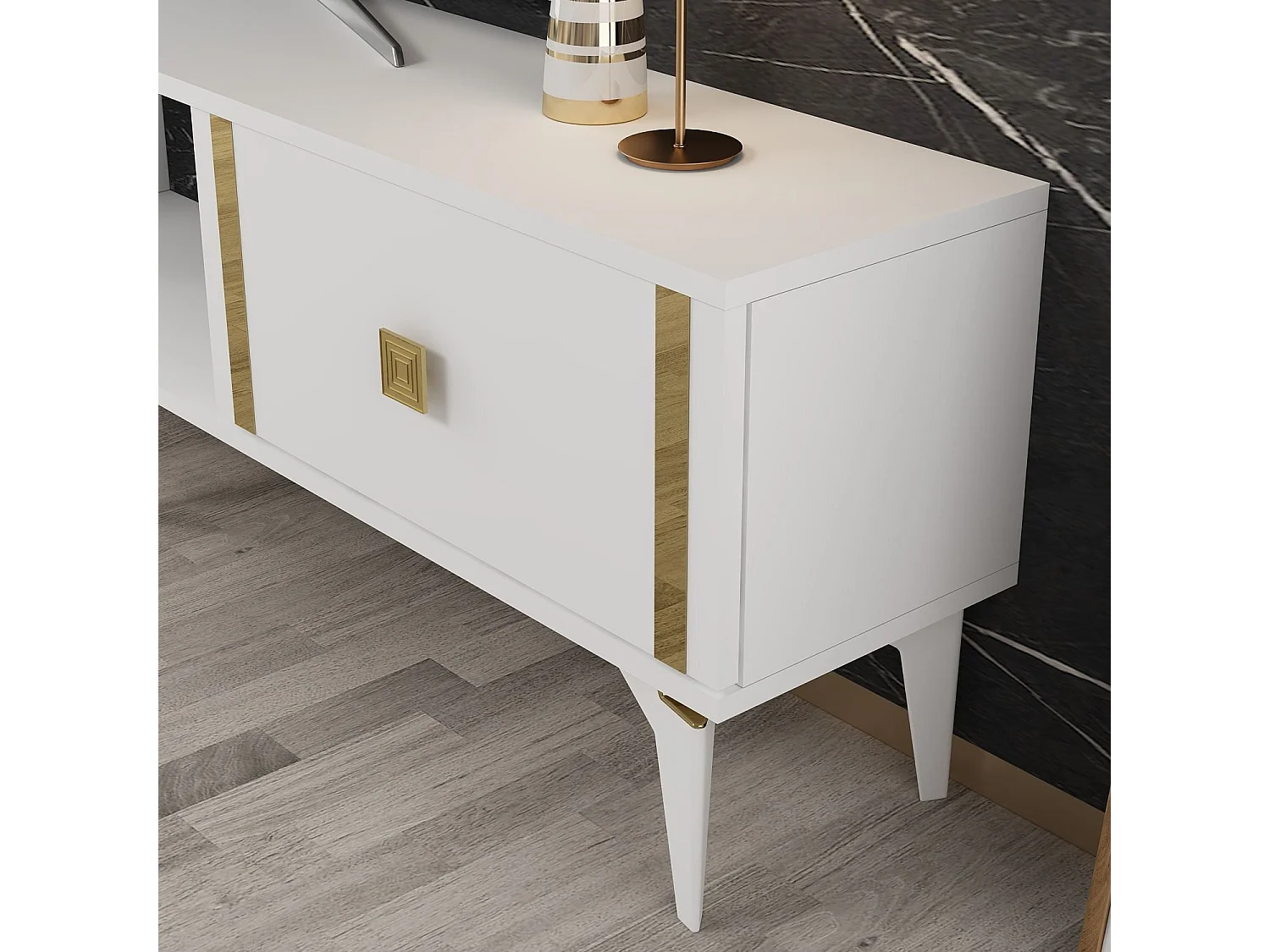 TV-standaard – 150 cm x 44,6 cm x 29,6 cm – Wit en goud – Melamine gecoate spaanplaat