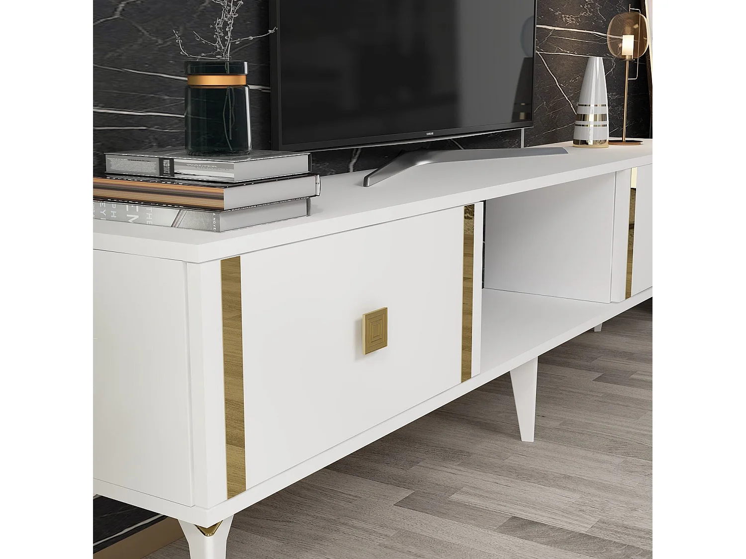 TV-standaard – 150 cm x 44,6 cm x 29,6 cm – Wit en goud – Melamine gecoate spaanplaat