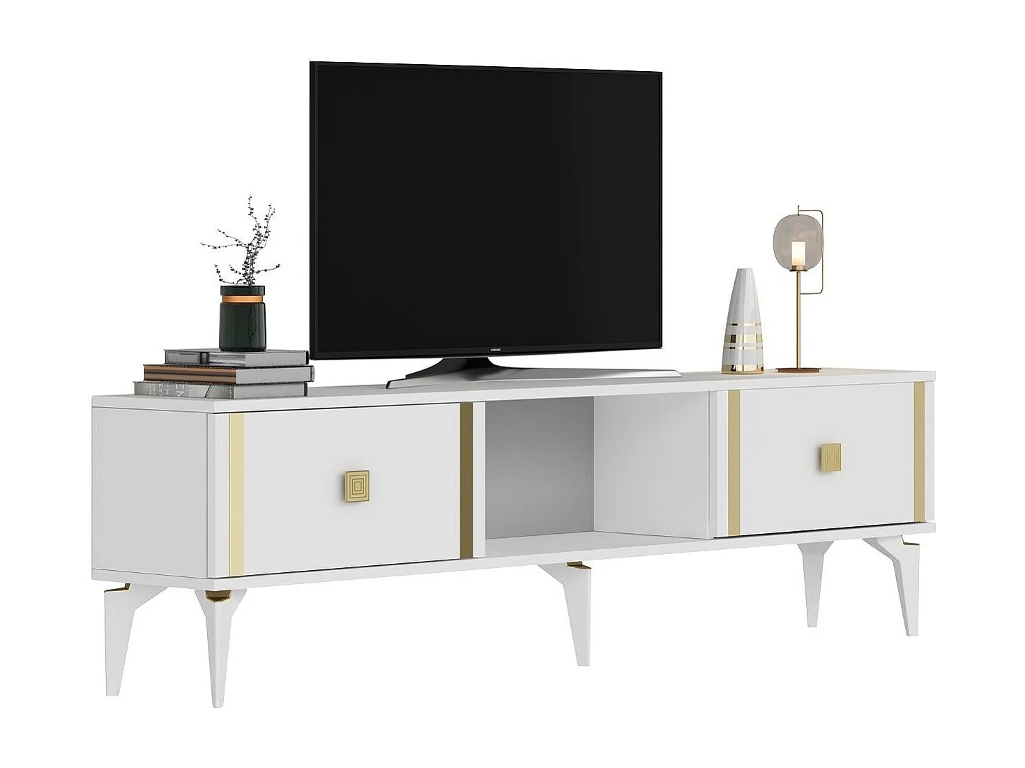 TV-standaard – 150 cm x 44,6 cm x 29,6 cm – Wit en goud – Melamine gecoate spaanplaat