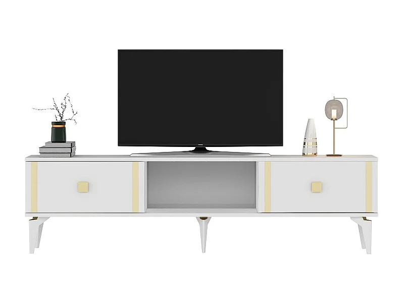 TV-Ständer – 150 cm x 44,6 cm x 29,6 cm – Weiß und Gold – Melaminbeschichtete Spanplatte