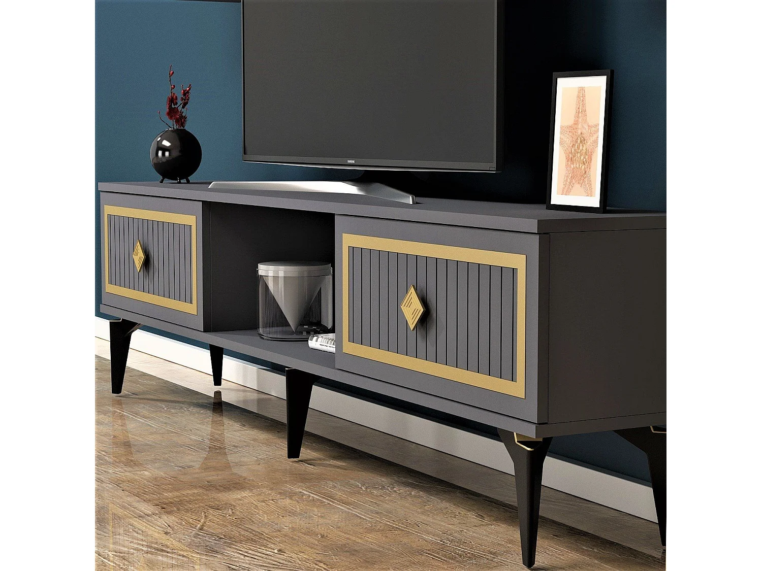 TV-Ständer – 150 cm x 44,6 cm x 29,6 cm – Anthrazit und Gold – Melamin