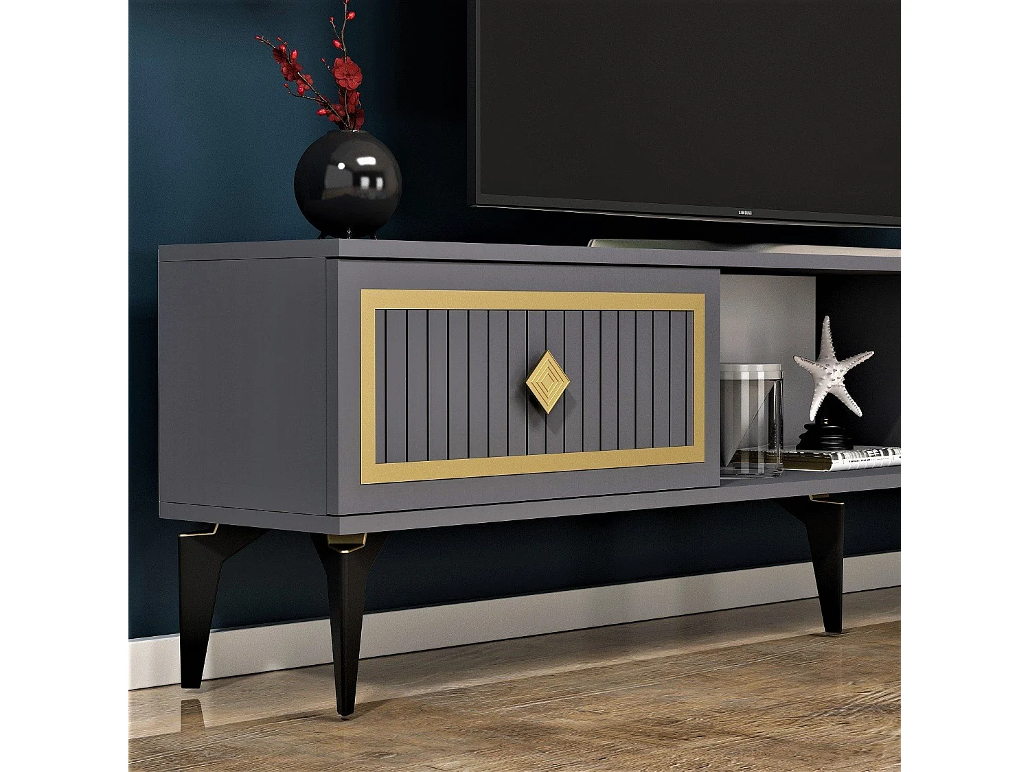 TV-Ständer – 150 cm x 44,6 cm x 29,6 cm – Anthrazit und Gold – Melamin