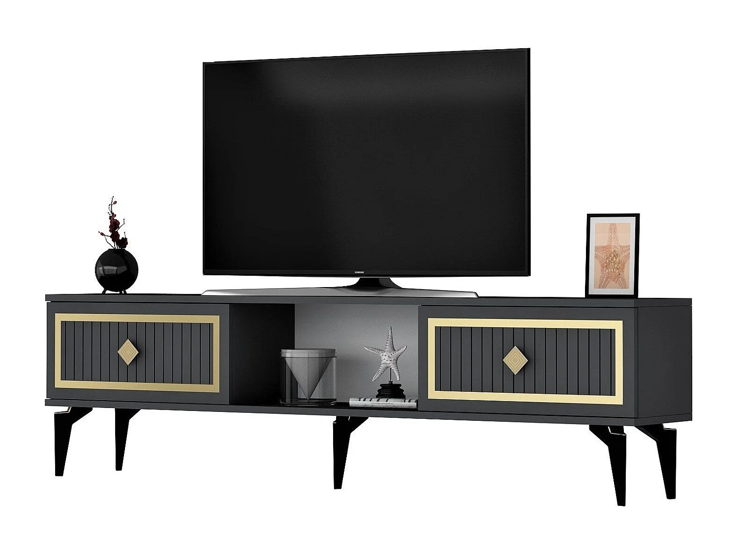 TV-Ständer – 150 cm x 44,6 cm x 29,6 cm – Anthrazit und Gold – Melamin