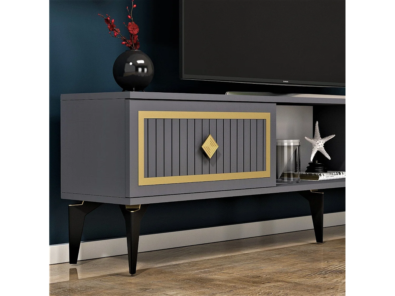 TV-Ständer – 150 cm x 44,6 cm x 29,6 cm – Anthrazit und Gold – Melamin