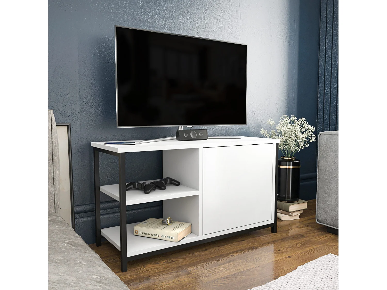 Elegante zwart-witte tv-standaard, 89,6 x 35,3 x 50,8 cm | 100% melamine gecoate spaanplaat en metalen frame, 18 mm dik | Modern woonkamerdesign