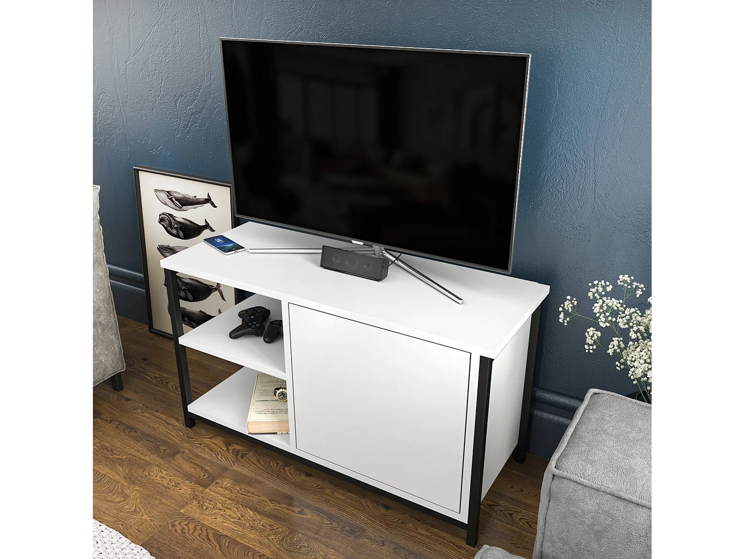 Elegante zwart-witte tv-standaard, 89,6 x 35,3 x 50,8 cm | 100% melamine gecoate spaanplaat en metalen frame, 18 mm dik | Modern woonkamerdesign