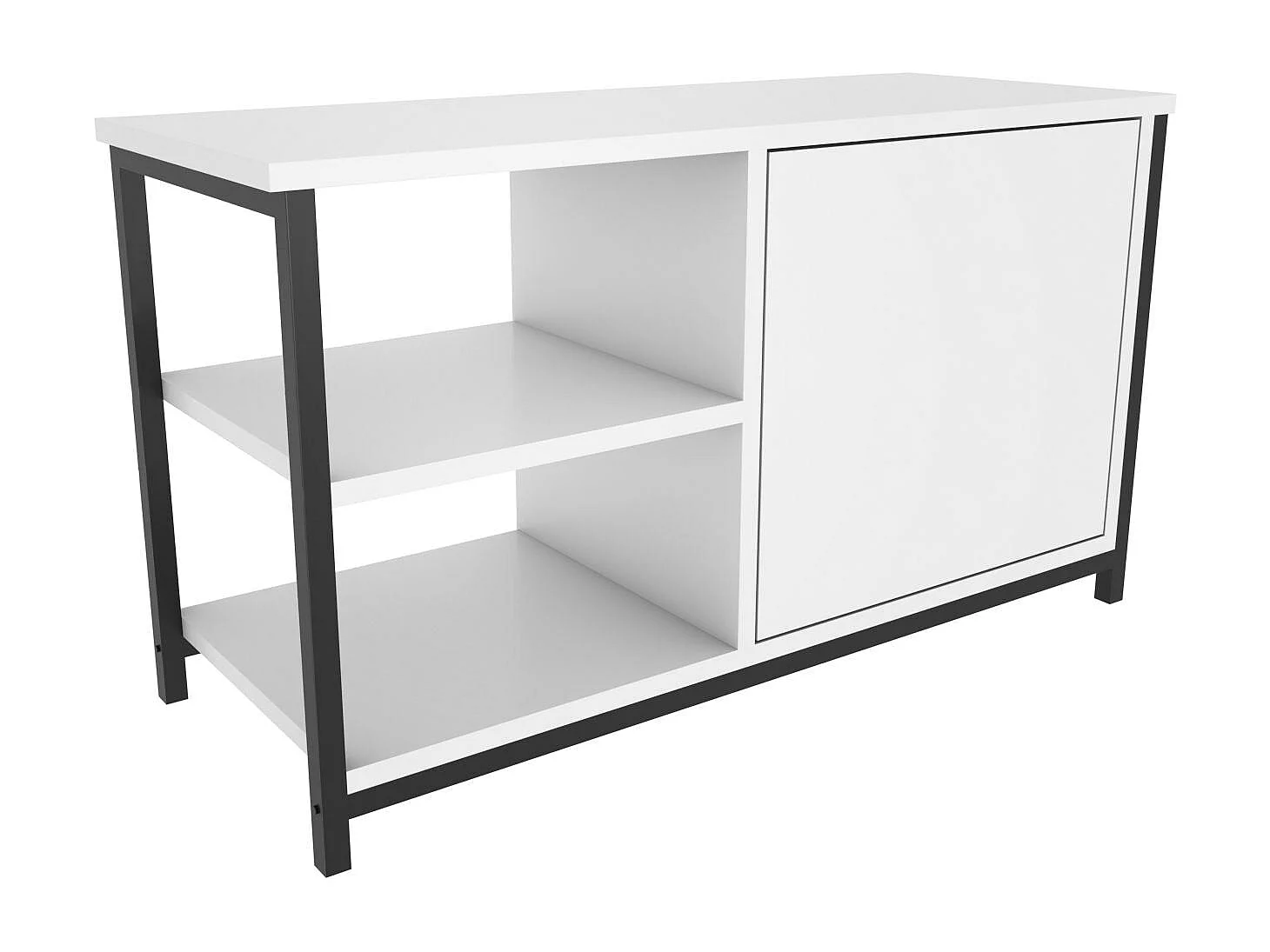 Elegante zwart-witte tv-standaard, 89,6 x 35,3 x 50,8 cm | 100% melamine gecoate spaanplaat en metalen frame, 18 mm dik | Modern woonkamerdesign