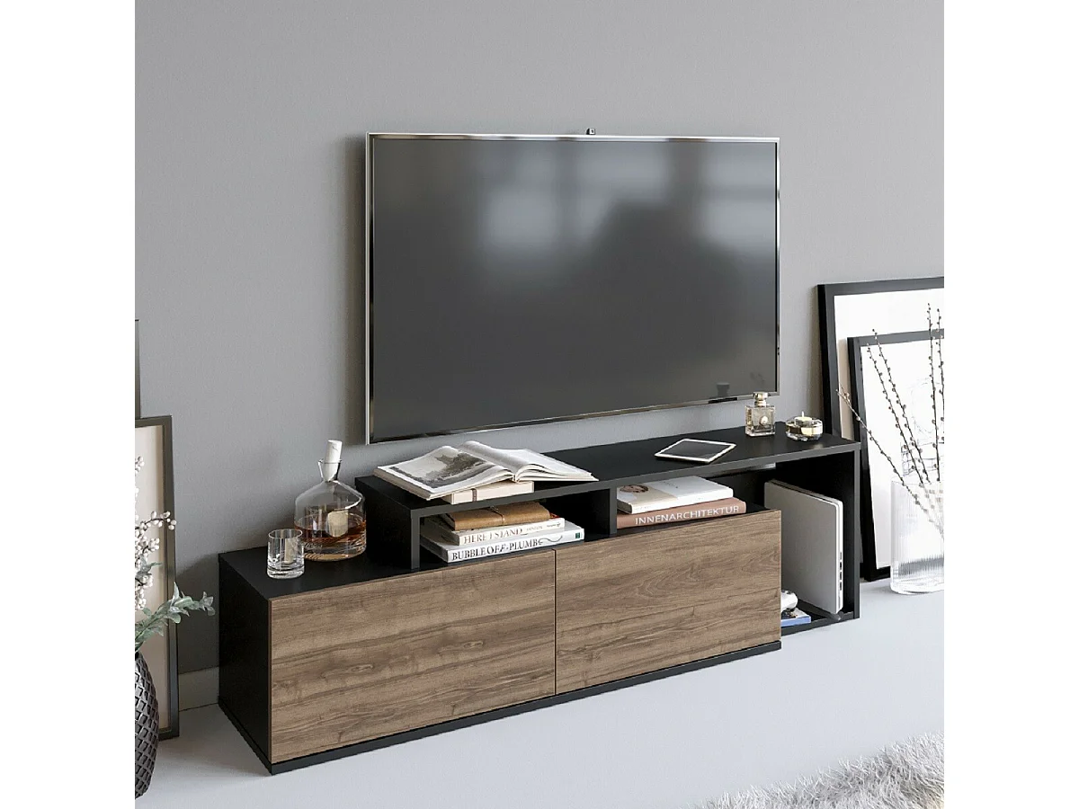 Moderne tv-standaard – 149,8 x 42,9 x 35,3 cm – Zwart en walnoot – Melamine gecoate spaanplaat