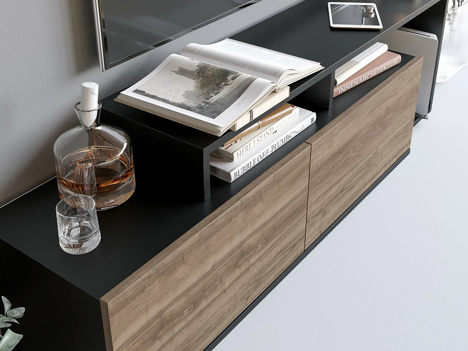 Moderne tv-standaard – 149,8 x 42,9 x 35,3 cm – Zwart en walnoot – Melamine gecoate spaanplaat