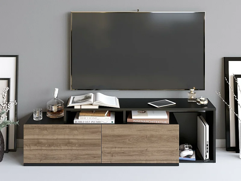 Moderne tv-standaard – 149,8 x 42,9 x 35,3 cm – Zwart en walnoot – Melamine gecoate spaanplaat