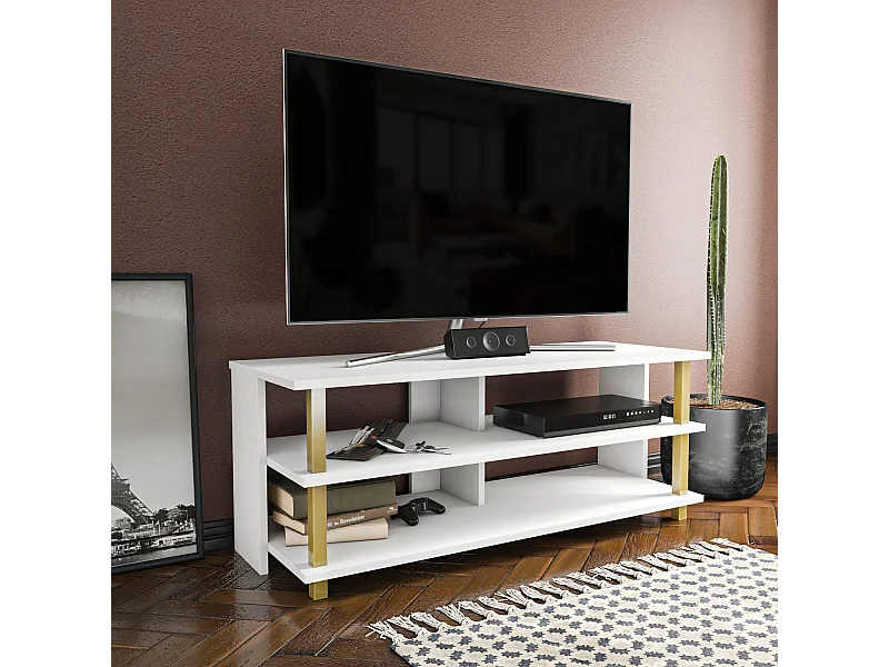 Meuble TV glamour doré et blanc, 120 x 44,6 x 47,4 cm | Panneau de particules 100 % mélaminé, épaisseur 18 mm | Élégant et fonctionnel pour un salon moderne