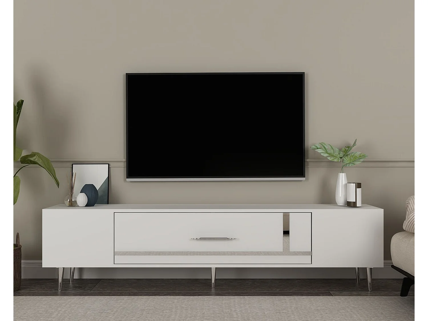 Meuble Tv design 1 porte basculante Fany L150cm Blanc et Argent