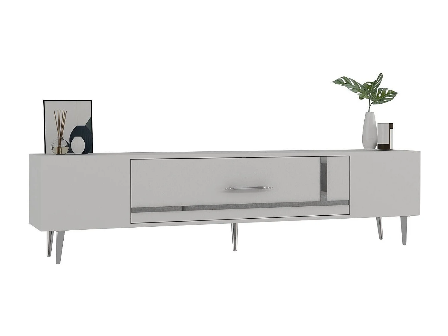 Meuble Tv design 1 porte basculante Fany L150cm Blanc et Argent