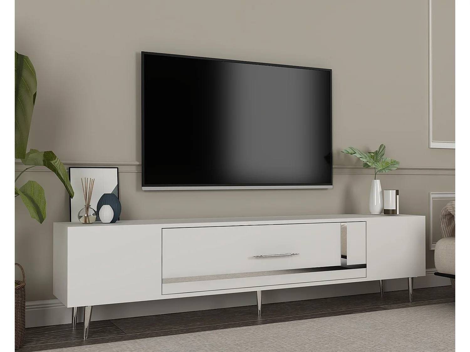 Meuble Tv design 1 porte basculante Fany L150cm Blanc et Argent