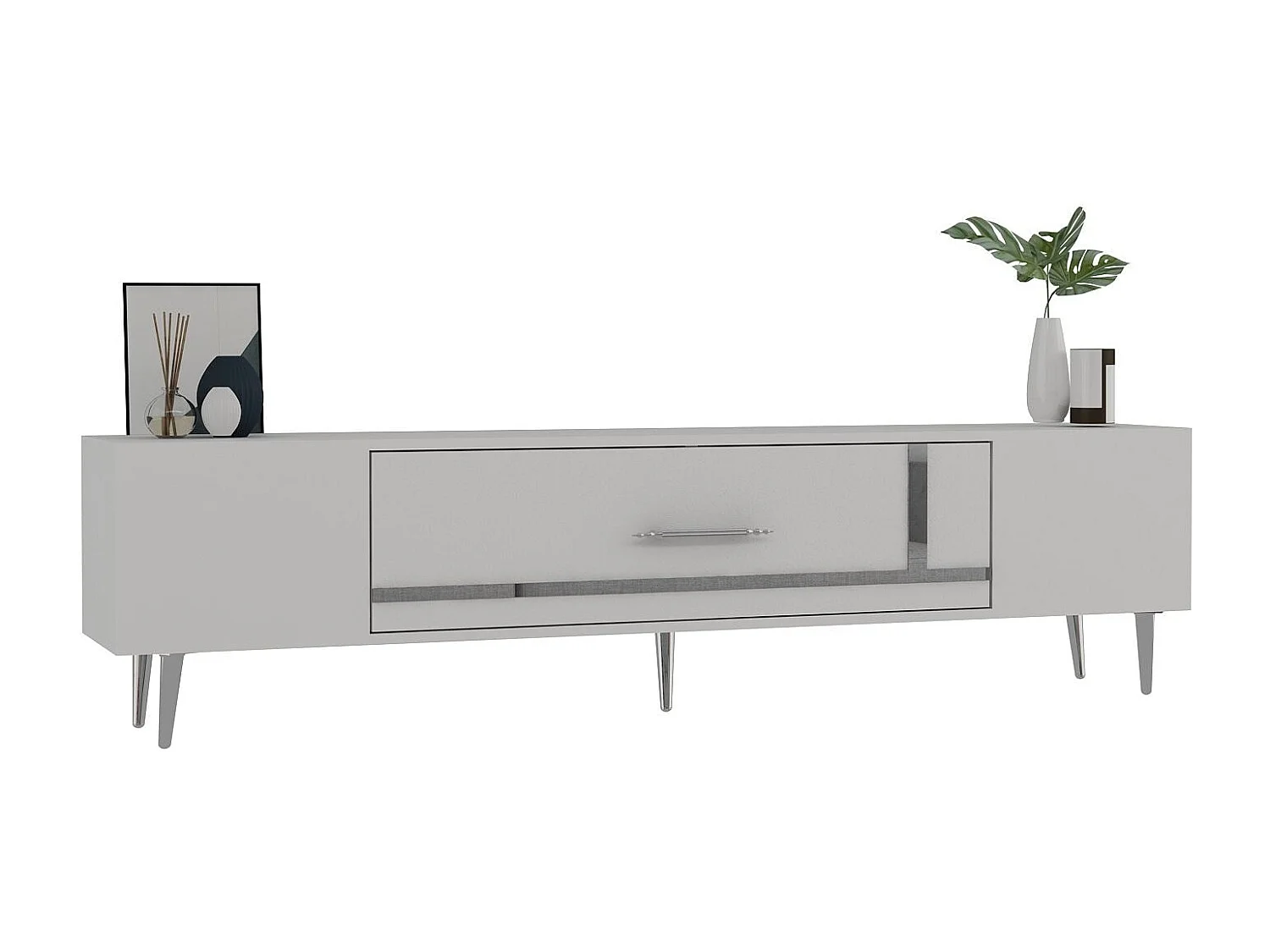 Meuble Tv design 1 porte basculante Fany L150cm Blanc et Argent