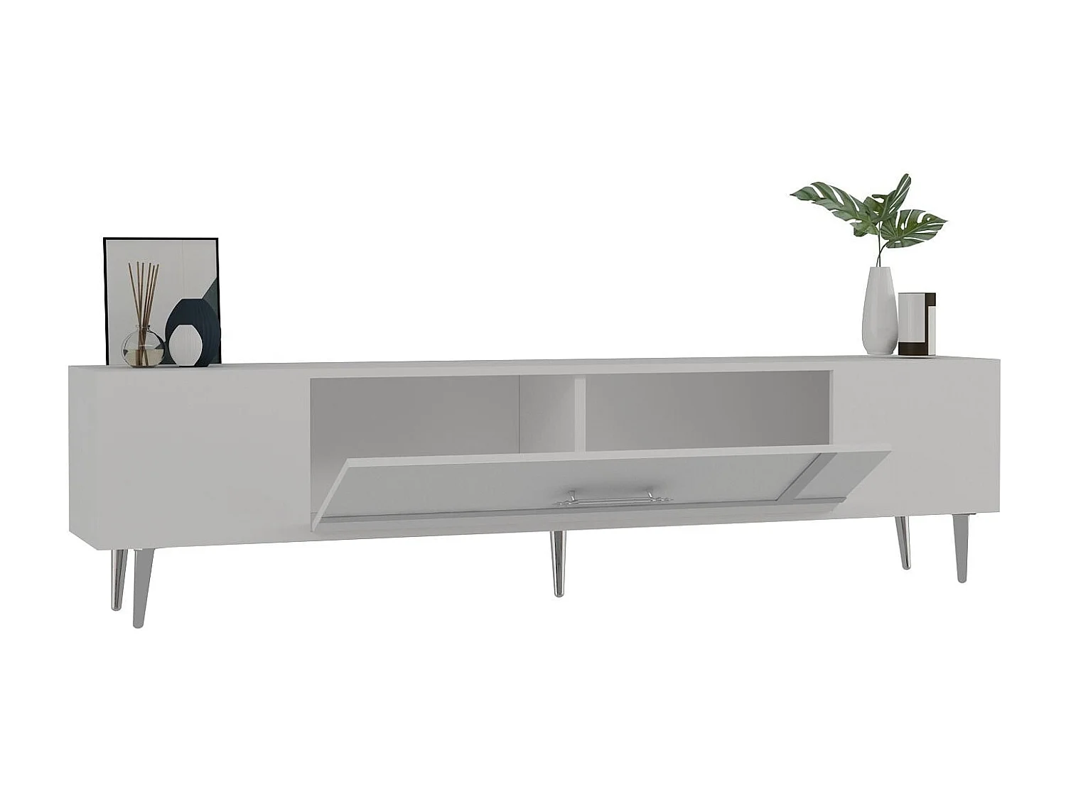 Meuble Tv design 1 porte basculante Fany L150cm Blanc et Argent