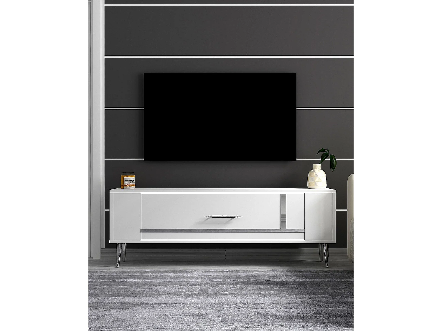 TV-Ständer – 120 cm x 48,2 cm x 26,4 cm – Weiß und Silber – Melaminbeschichtete Spanplatte