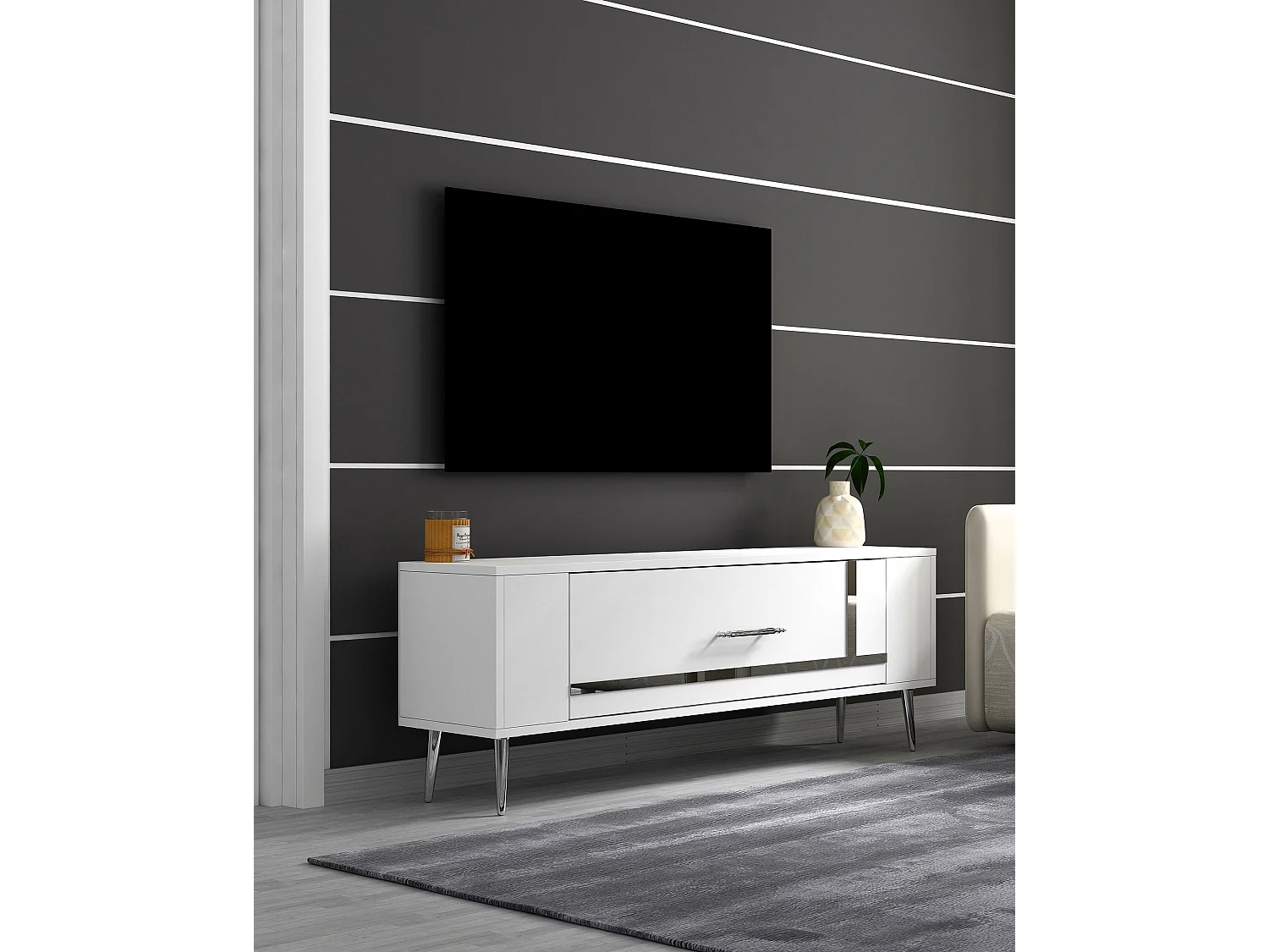 TV-Ständer – 120 cm x 48,2 cm x 26,4 cm – Weiß und Silber – Melaminbeschichtete Spanplatte