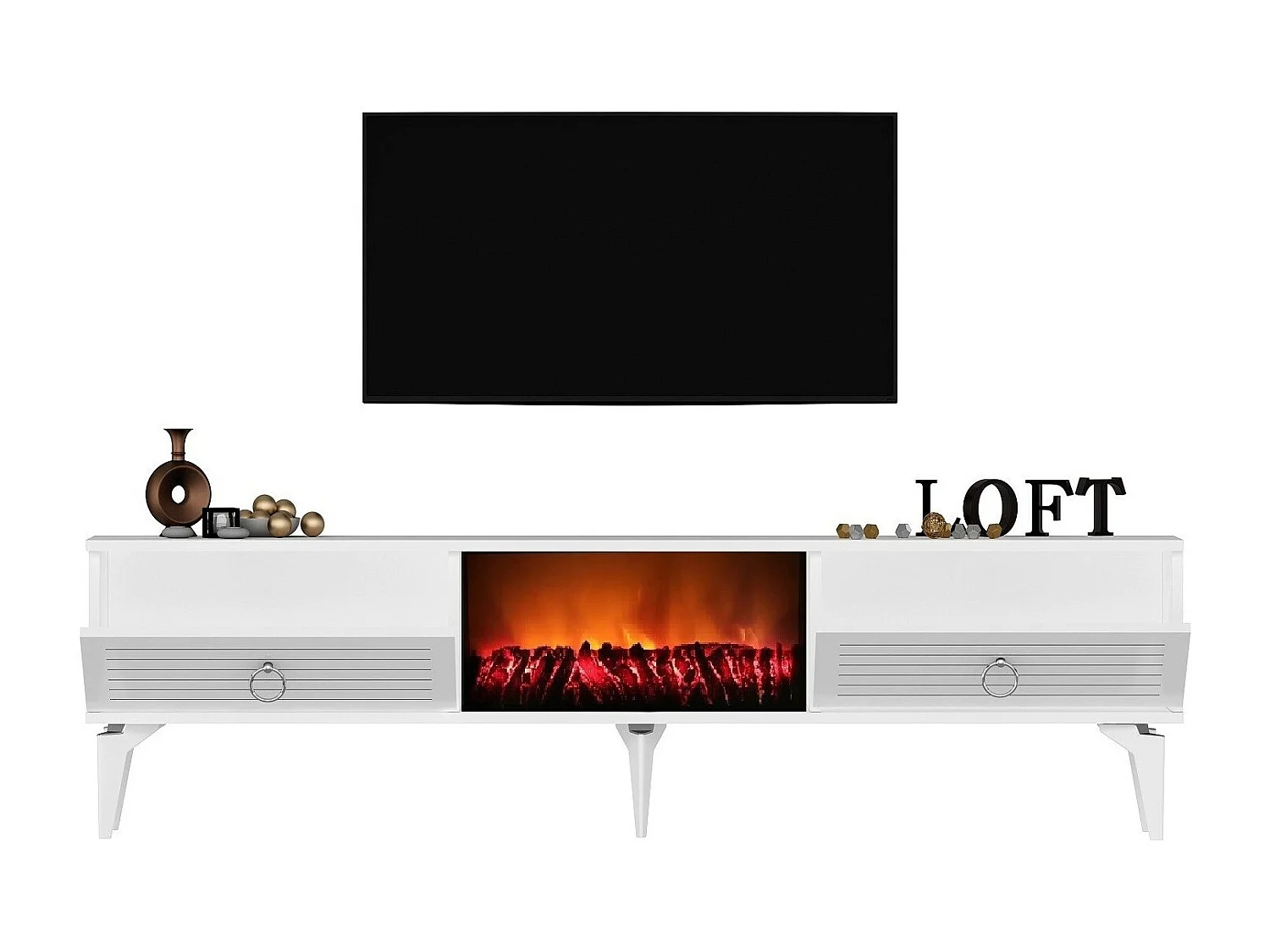 Szafka RTV z kominkiem elektrycznym – 150 cm x 44,6 cm x 29,6 cm – biała – płyta wiórowa pokryta melaminą