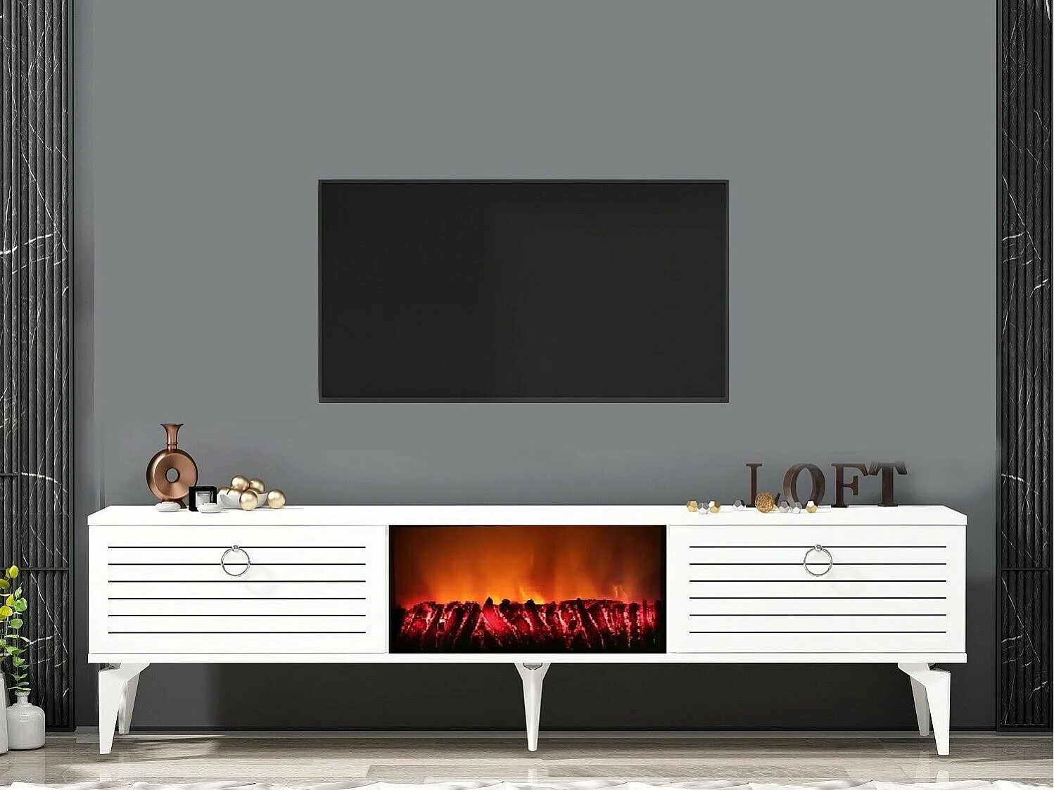 Szafka RTV z kominkiem elektrycznym – 150 cm x 44,6 cm x 29,6 cm – biała – płyta wiórowa pokryta melaminą