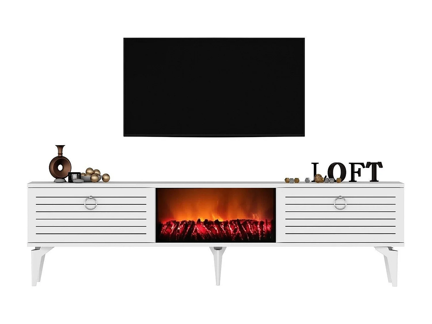 Szafka RTV z kominkiem elektrycznym – 150 cm x 44,6 cm x 29,6 cm – biała – płyta wiórowa pokryta melaminą