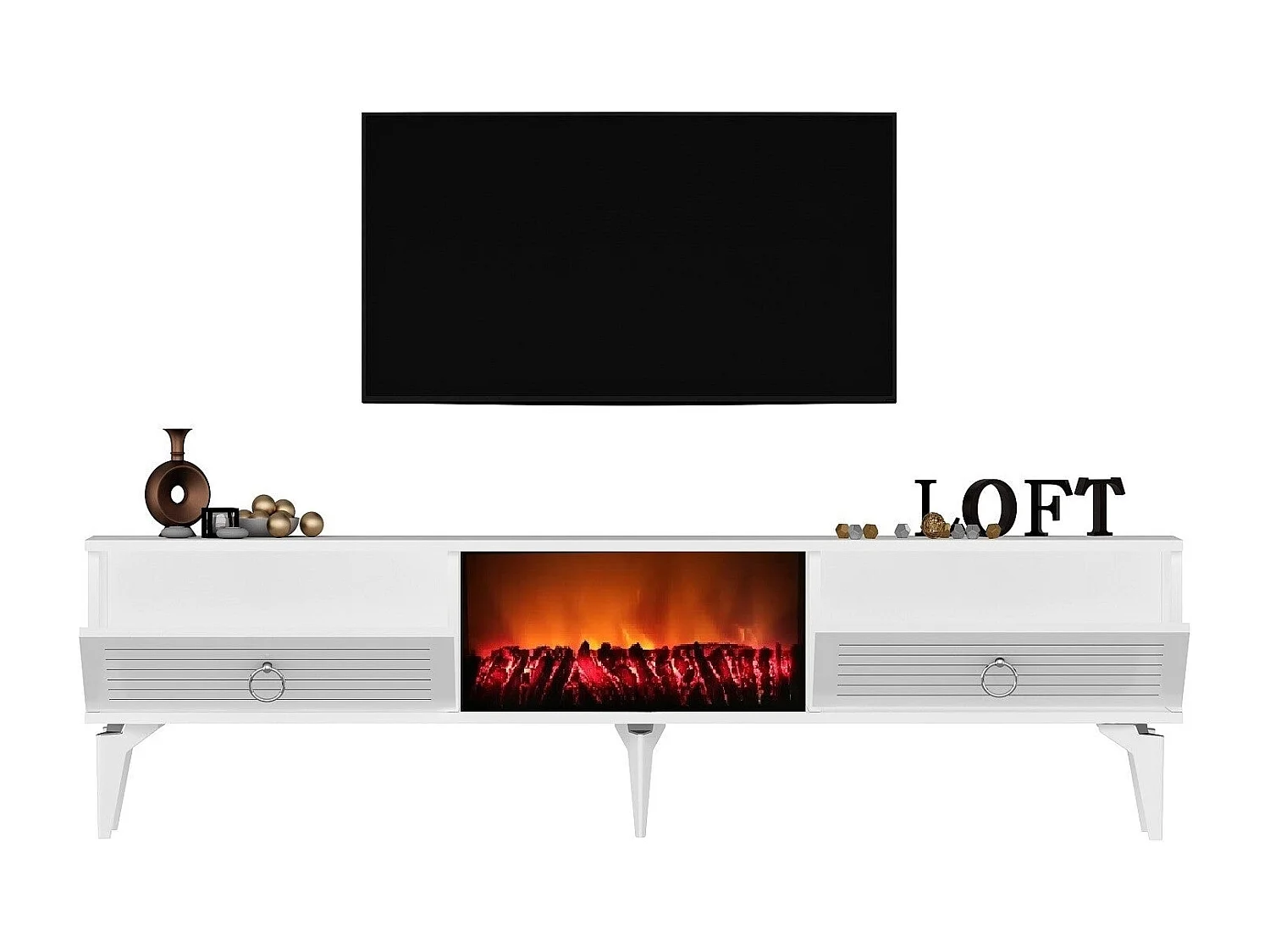 Szafka RTV z kominkiem elektrycznym – 150 cm x 44,6 cm x 29,6 cm – biała – płyta wiórowa pokryta melaminą