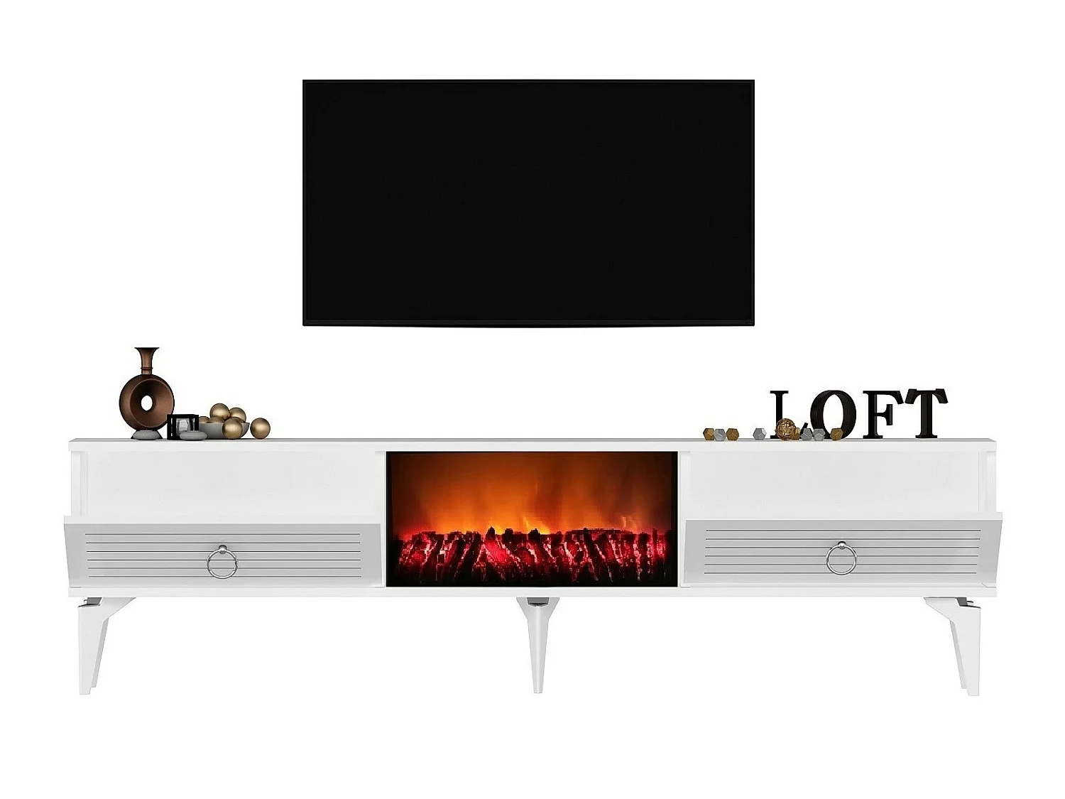Meuble TV avec cheminée électrique – 150 cm x 44,6 cm x 29,6 cm – Blanc – Panneaux de particules mélaminés