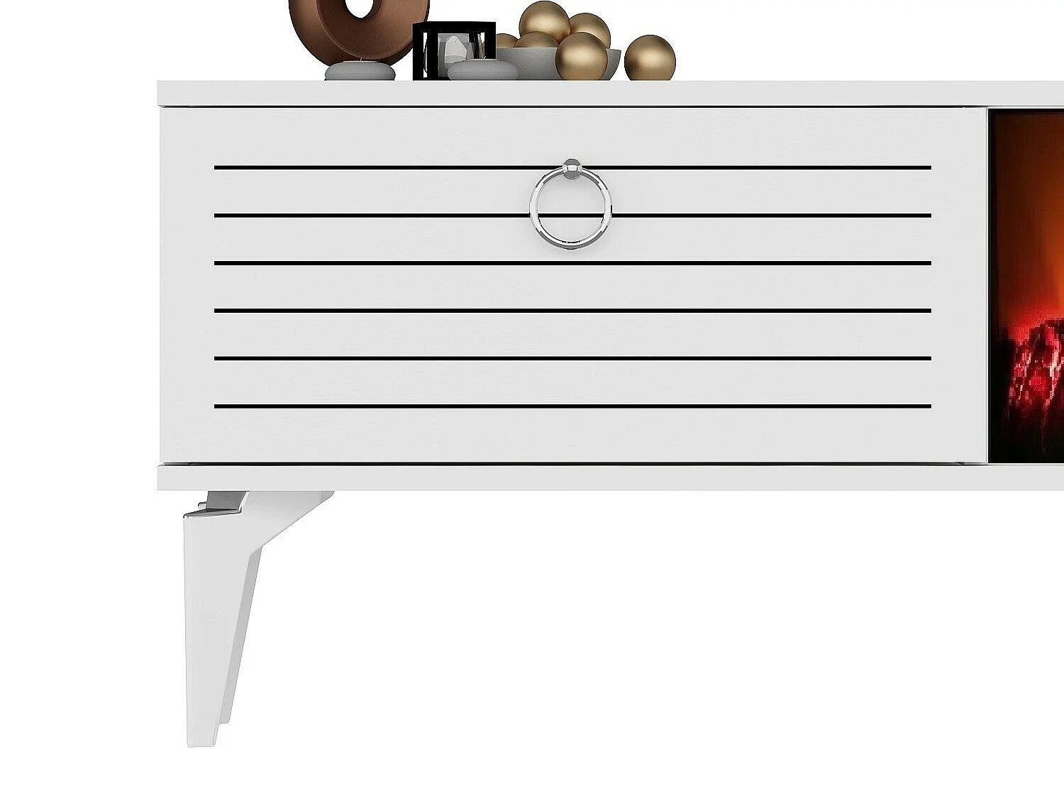 Meuble TV avec cheminée électrique – 150 cm x 44,6 cm x 29,6 cm – Blanc – Panneaux de particules mélaminés