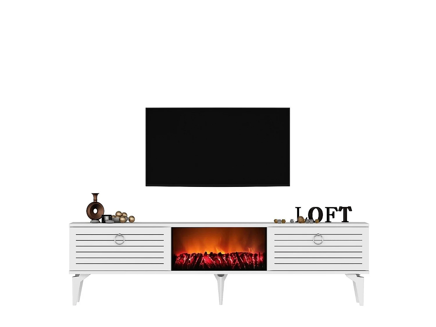 Meuble TV avec cheminée électrique – 150 cm x 44,6 cm x 29,6 cm – Blanc – Panneaux de particules mélaminés
