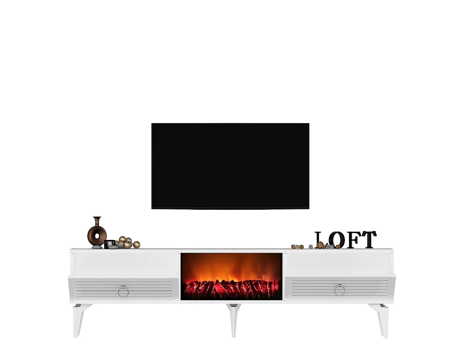 Meuble TV avec cheminée électrique – 150 cm x 44,6 cm x 29,6 cm – Blanc – Panneaux de particules mélaminés